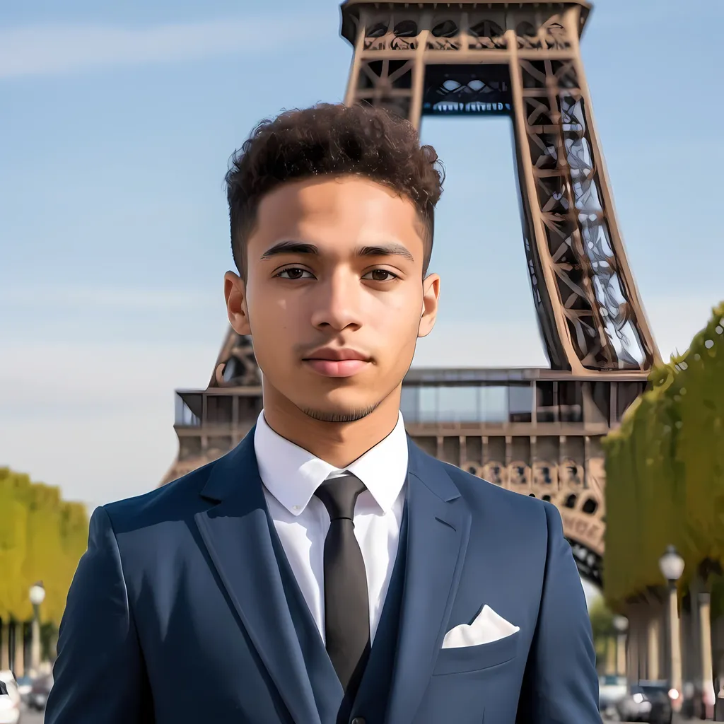 Prompt: Create a 25-year-old man, mixed race, taking a picture in front of the eiffile tower. make it look very realistic and have the weather be sunny. he should be in a dark blue suit with a white shirt
