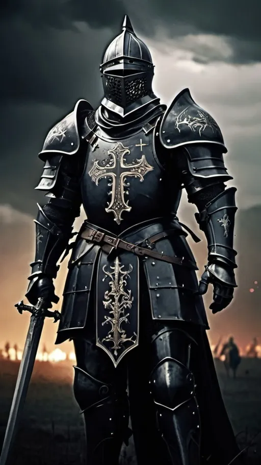 Prompt: knight, black armor, detailed cross, battle field, tall, majestic, fight, night, dark, gothic