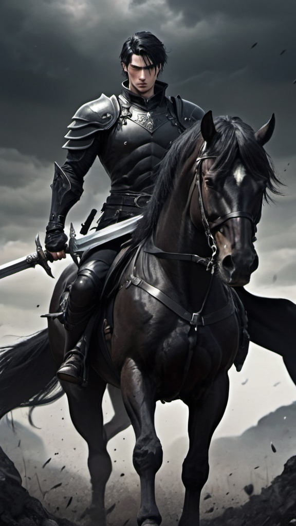 Prompt: tall man, black short hair, muscular, handsome, big sword, battle field,  black horse, dark, gothic