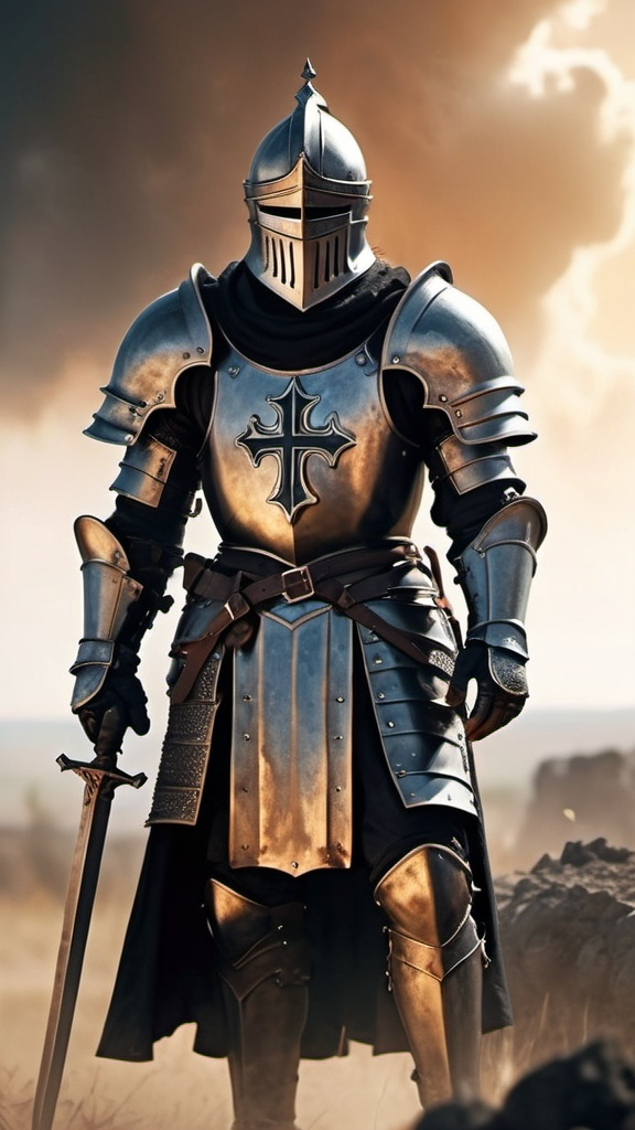 Prompt: knight, black armor, detailed cross, battle field, brown hair, tall, majestic, sun light 