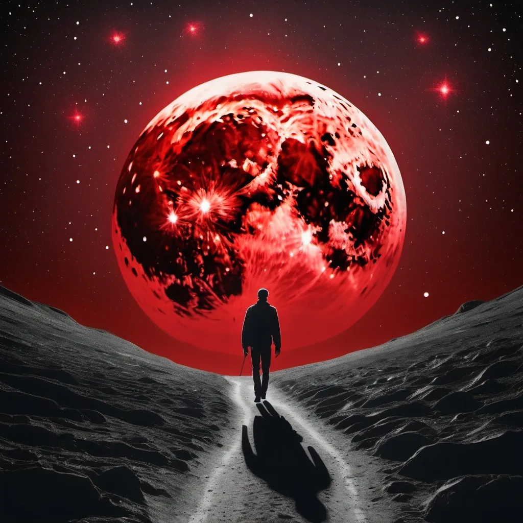 Prompt: un hombre caminando en la luna y las estrellas en color rojo