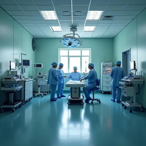 Prompt: generate a landscape image operation theatre with patients. image should be less in height with full width
