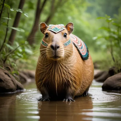 Prompt: Imagine a wooded landscape where a majestic capybara emerges. Its fur is adorned with intricate tribal patterns that snake from its nose to the tip of its tail. The tribes in its patterns symbolize a connection to nature and ancestral wisdom. Its eyes, bright and wise, reflect the tranquility of the surroundings as it observes with curiosity. The capybara's posture is serene yet powerful, conveying a sense of respect for its environment and its place in the natural world.