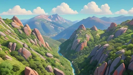 Prompt: Aerial view of Corsica landscape, Pixar-style, vibrant color palette, detailed mountain range, lush greenery, clear blue skies, high-quality animation, picturesque scenery, cinematic lighting, artistic 3D rendering, mountainous terrain, idyllic setting, vibrant colors, detailed landscape, Pixar style, aerial view, high-quality animation, cinematic lighting