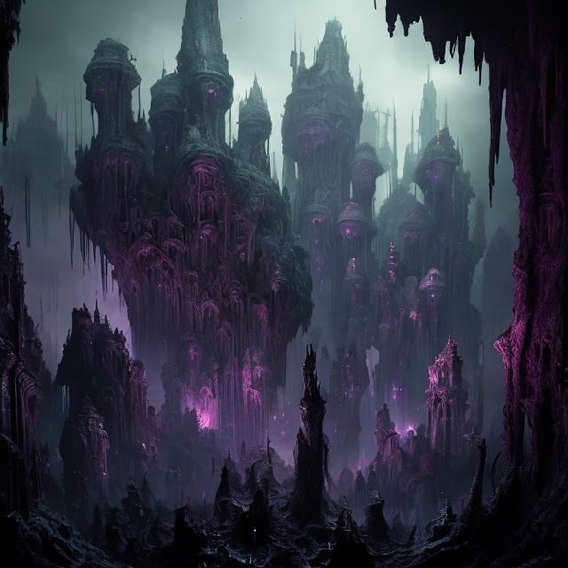 Prompt: Under dark city, menzoberranzan, Underdark, high-res, detailed, dark fantasy, underground setting, towering stalagmites, ominous purple and green hues, glowing fungi, intricate drow architecture, menacing shadows, eerie and mysterious atmosphere, best quality, detailed 3D rendering, dark fantasy, underground setting, ominous tones, eerie lighting