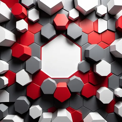 Prompt: Abstract background featuring a composition of red and grey pentagon pattern arranged in various orientations with a bevel and emboss effect. The design has a white backdrop with free space at the center . The pentagon pattern create a dynamic and modern visual effect. 