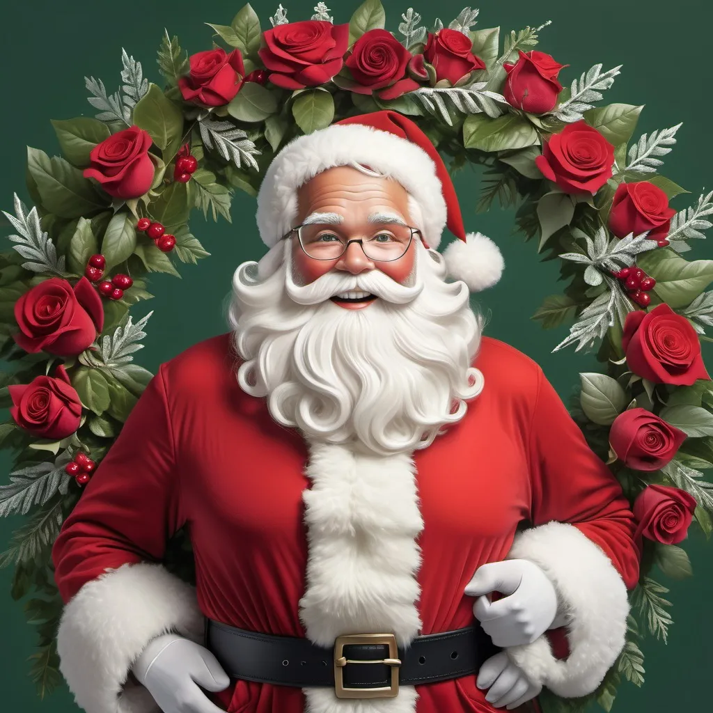 Prompt: Create a warm and festive portrait of Santa Claus, surrounded by a lush wreath made of roses, berries, and greenery. Emphasize his joyful expression, twinkling eyes, and iconic fluffy white beard. Dress him in a traditional red suit with a fur trim, and set a soft, wintery background with subtle snowflakes to enhance the holiday cheer.