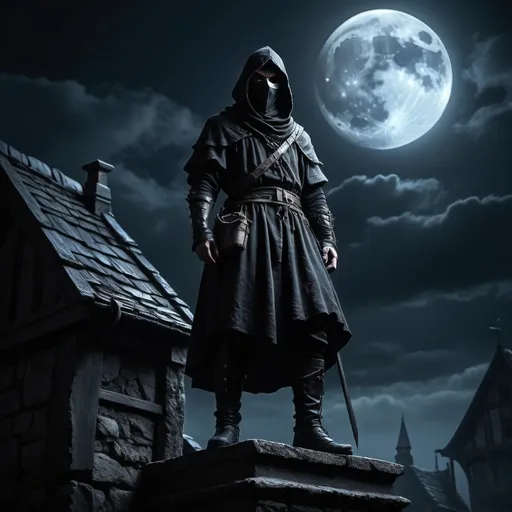 Prompt: dark medieval assassin, standing on the big house, moon behind him , with mask , view from the back , at night