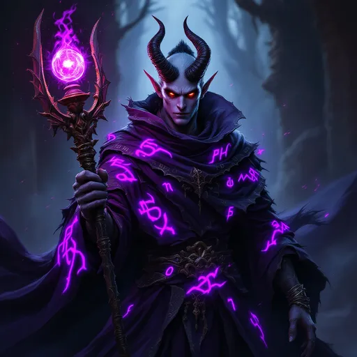 Prompt: Tiefling with red eyes and demonic looking robes with glowing purple demonic runes on it. Give him horns that glow like hot embers on the tips and give him an ancient looking demonic staff with a glowing orb on the end containing powerful ancient magic. Make him extremely handsome 