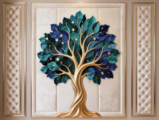 Prompt: Ultra-royal luxury interior wall design inspired exactly by the reference image.
Canvas size: 20×10 inches, landscape orientation, ultra-high resolution, print-ready.

Background features a soft ivory to off-white royal base with a luxury velvet texture, designed as gaddi-dar (tufted) padded wall panels. Padding depth should be normal, refined, premium, not thick or bulky, maintaining elegant palace aesthetics.

🌳 Central Artistic Element

A majestic royal tree composition inspired by the reference image:

Flowing organic tree trunk and branches in champagne-gold metallic finish

Rich deep teal, turquoise, royal blue leaf clusters

Leaves and branches appear 3D embossed, softly raised from the velvet surface

Smooth artistic curves with palace-style elegance

Subtle gold droplets and highlights integrated naturally

✨ Golden Lines & Paneling (Mandatory)

Add metallic champagne-gold paneling lines on both right and left sides

Paneling must be 3D embossed, slim, elegant (not thick)

Left Side Paneling

Combination of zig-zag luxury panel lines and straight vertical lines

Inspired by the tree’s organic curves

Perfectly aligned, royal finish

Right Side Paneling

Matching balance of zig-zag + straight vertical golden lines

Symmetrical to the left side

Same thickness, spacing, and premium detailing

💎 3D & Finish Details

Soft realistic shadows and depth

Velvet matte texture with subtle sheen

Royal palace interior mood

Luxury modern classic wall suitable for TV wall, drawing room, or master bedroom

Style keywords:
Royal Luxury Interior Wall, Velvet Tufted Wall, 3D Gold Tree Art, Palace Wall Design, Premium Wallpaper

Rendered in 8K ultra-detail, CMYK friendly, large-format wallpaper / UV / vinyl printing ready.