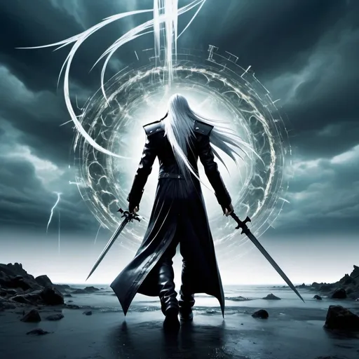 Prompt: Create an image based off final fantasy 7 sephiroth with this description: Imagine a dark and stormy scene with jagged fractal patterns flashing across the screen. In the foreground, a lone figure stands amidst the chaos, reaching out with one hand. Mathematical symbols swirl around them, representing the equations that govern their fate.
