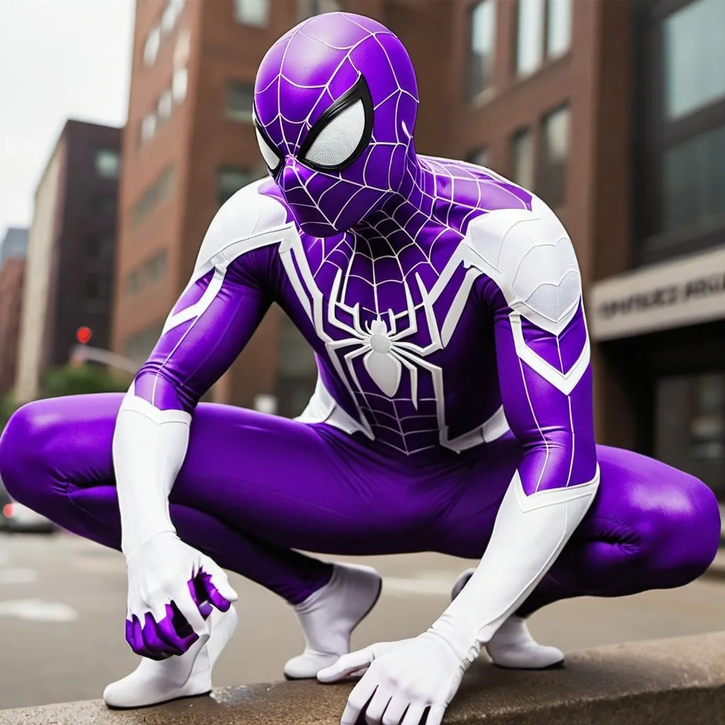 Prompt: A purple and white spider-man suit purple being the primary colour and white being the secondary colour 