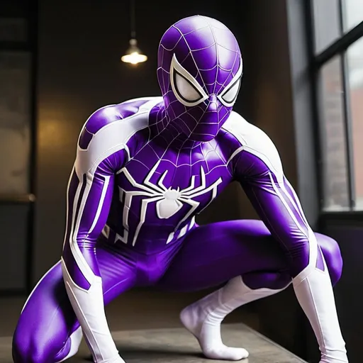 Prompt: A purple and white spider-man suit purple being the primary colour and white being the secondary colour 