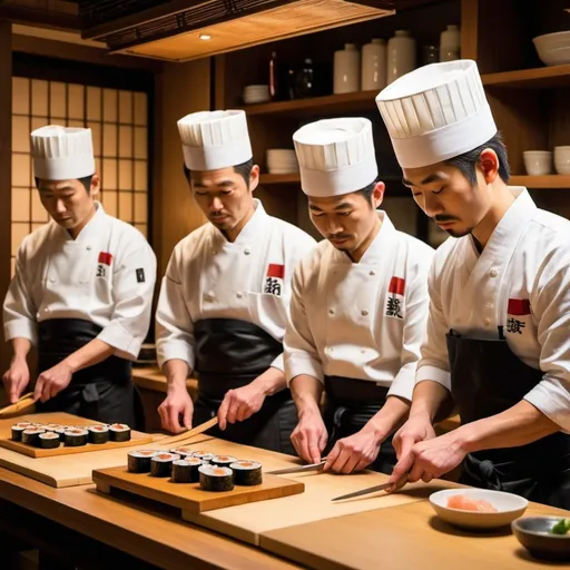 Prompt: Three Japanese chefs making sushi in a traditional kitchen, high-quality, detailed sushi preparation, traditional Japanese art style, warm lighting, wooden sushi bar, fresh seafood, focused expressions, traditional attire, intricate knife work, chef's knives, culinary expertise, authentic ambiance, traditional Japanese, detailed hands, serene atmosphere