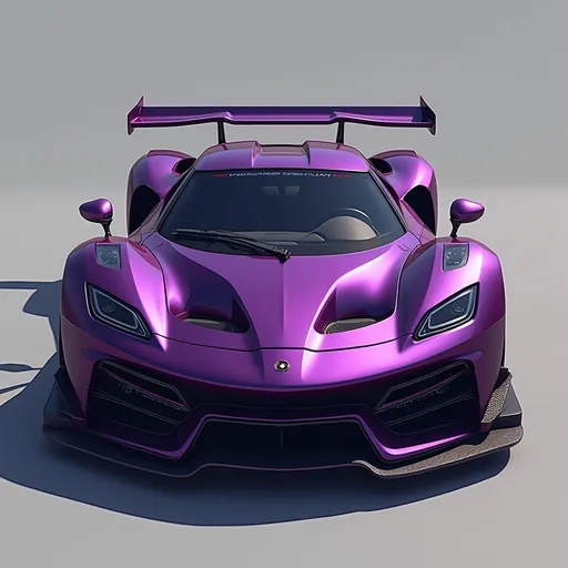 Prompt: make a car that's the fastest in the world that looks aggressive and fast, make sure the 4 images show each different side. the first image shows the hood, second shows the right side, 3 shows the left side, 4 shows the back. The car is purple