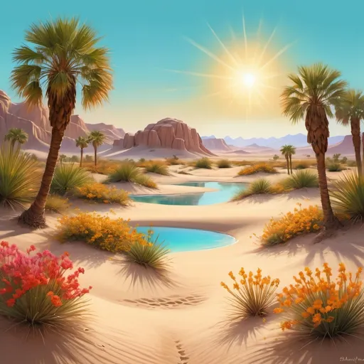 Prompt: Vibrant, realistic digital painting of an enchanting desert oasis, warm earthy tones, golden sunlight, lush palm trees and colorful flowers, crystal-clear turquoise water, detailed sand dunes, high quality, realistic, digital painting, oasis, warm tones, vibrant, sandy desert, palm trees, crystal-clear water, sunlight, detailed, realistic details, earthy colors, colorful flowers