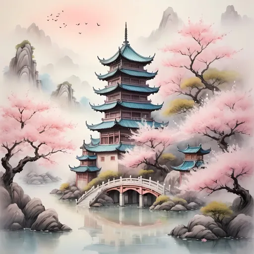 Prompt: Fairy tale little kingdom chinese, traditional brush painting, cherry blossom trees, ancient pagoda, mystical atmosphere, high quality, detailed brushwork, traditional Chinese art style, pastel colors, soft and dreamy lighting