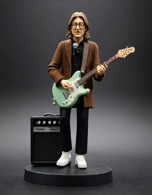 Prompt: A highly detailed, hyper-realistic photograph of a scale model figure of John Lennon. The figure is designed in a stylized, animated manner, capturing Lennon mid-performance. He is depicted with long, flowing hair, round glasses, and a thoughtful expression as he sings into a microphone. The model shows him wearing a long, brown coat over a black outfit, with bell-bottom pants and white sneakers. He is playing a light green electric guitar, with intricate details on the guitar body and strings. Beside him is a small black amplifier, complete with detailed knobs and a mesh front. The base of the model is a simple round platform, and the background is blurred to keep focus on the figure