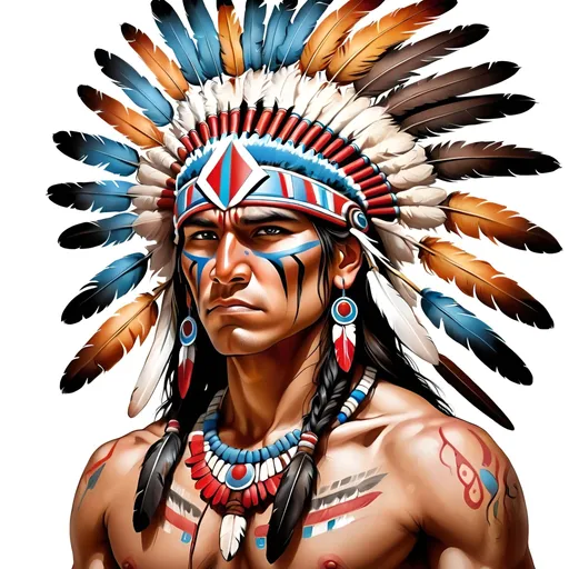 Prompt: American Indian warrior, traditional wall painting, intricate details, high definition, realistic, vibrant colors, traditional art, detailed headdress, intense expression, tribal art, historical, cultural, feathers, war paint, intricate designs, high quality, white background, traditional style, realistic lighting