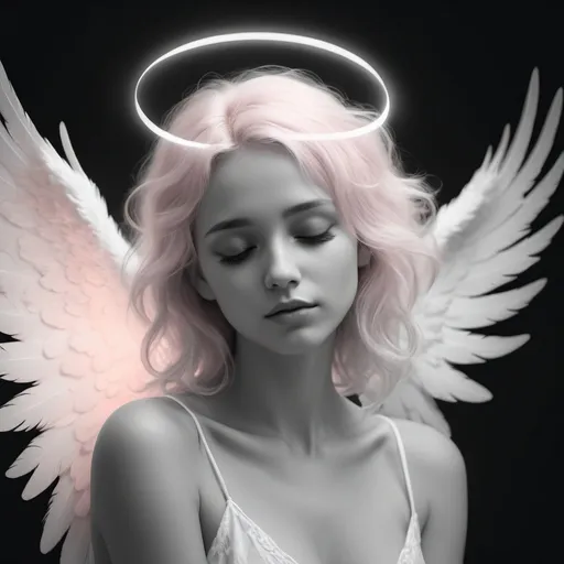 Prompt: A female Angel with her eyes closed; Black and White image, drawing art style. She has pink hair 