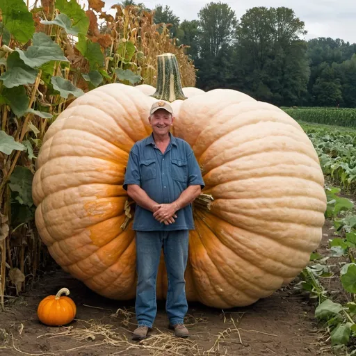 Prompt: a farmer with an enormous pumpkin
