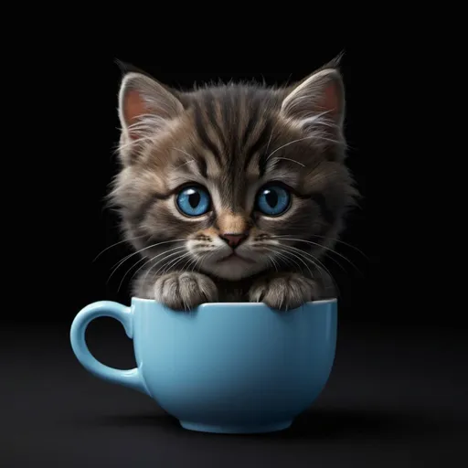 Prompt: Realistic playful smiling adorable a kitty in a cup, black background, big cute eyes, highres, realistic, cute, detailed fur, lifelike, professional, moody lighting, realistic rendering, blue-eyed cat, dark background, high quality, the whole cat in a cup