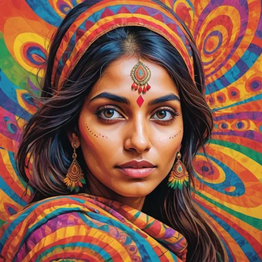 Prompt: Create a psychedelic image featuring the face of an Indian woman. Her face should be partially obscured, with only her eyes clearly visible. The background should be a vibrant, swirling mix of colors and patterns typical of psychedelic art, creating a surreal and hypnotic effect. The woman's eyes should be expressive and captivating, drawing the viewer's attention amidst the vibrant chaos