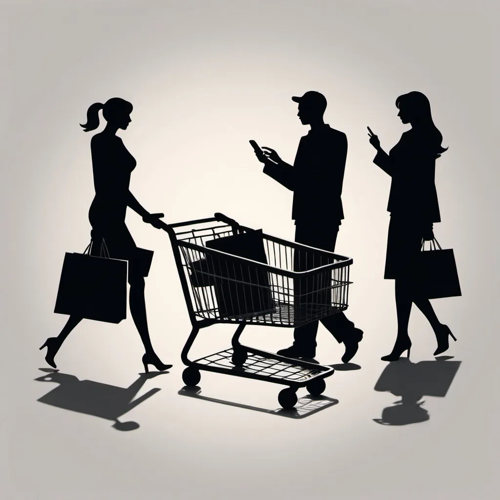 Prompt: Customers are getting protected by large shadow individual. Different type of customers, one shopping with a cart, one being online shopping, one being on the phone, one getting something deliverd.
