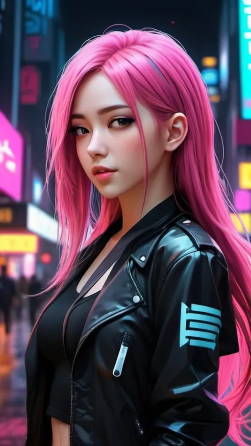 Prompt: Cyber punk style Cityscape,Street road,3d realistic,anime, a beautiful girl,half body, long dark pink hairs, dark black tight shirt, white  skin,wearing dark jacket ,musical ,stray ,hd , small happy , hand touching hairs, neon 