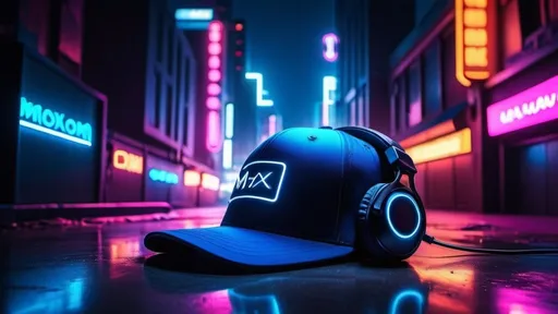 Prompt: a hat sitting on the ground wearing a dark blue gaming headphone with a neon light behind it and a neon light behind it that is reflecting off of the ground, MX , aestheticism, neon lighting, a stock photo, cityscape, cyberpunk realistic ,side view, musical 