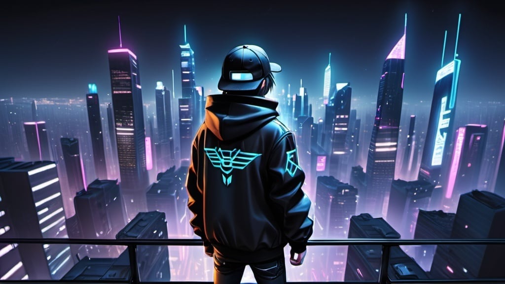 Prompt: Cyber punk style Cityscape,3d realistic,anime, amazing view, night,a boy far away, wearing dark jacket with cap, lifted up arms,view from back , musical 