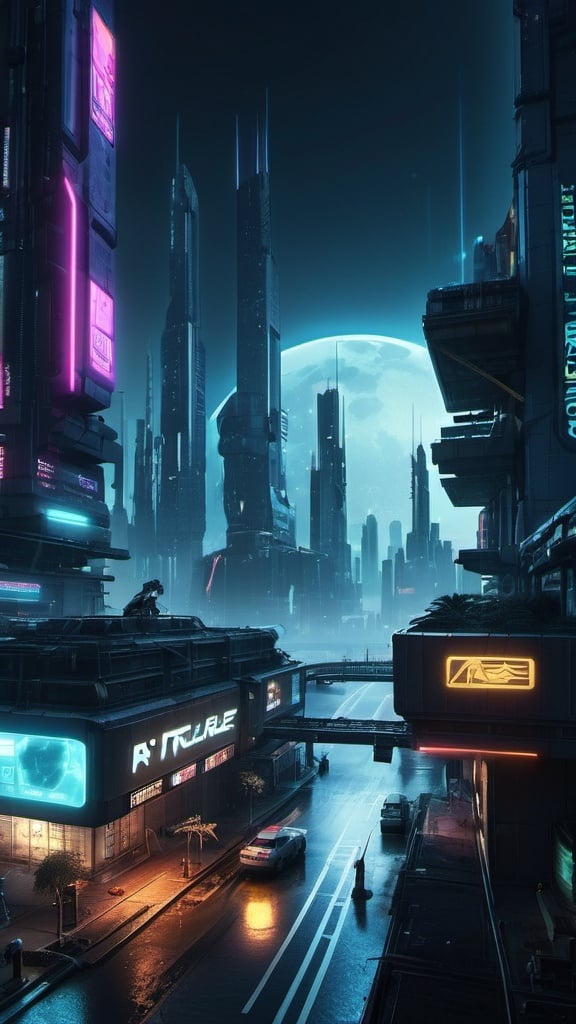 Prompt: A awesome landscape, cyberpunk 3d, realistic,hd, night , future 