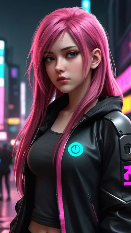 Prompt: Cyber punk style Cityscape,Street road,3d realistic,anime, a beautiful girl,half body, long dark pink hairs, dark tight shirt, round face,wearing dark jacket ,musical ,stray ,hd, robotic head 