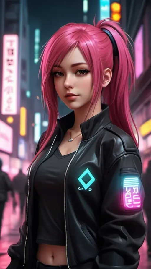 Prompt: Cyber punk style Cityscape,Street road,3d realistic,anime, a beautiful girl,half body, long dark pink hairs, dark tight shirt,cute round face,wearing dark jacket ,musical ,stray ,hd  , small happy 
