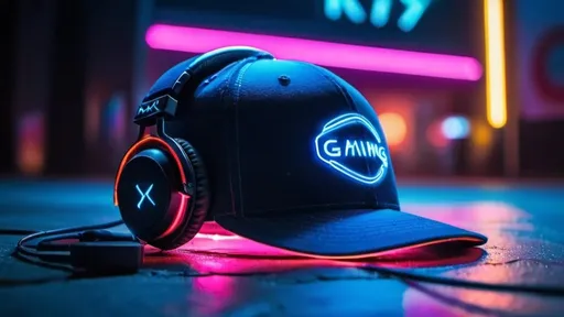Prompt: a hat sitting on the ground wearing a dark blue gaming headphone with a neon light behind it and a neon light behind it that is reflecting off of the ground, MX , aestheticism, neon lighting, a stock photo, cityscape, cyberpunk realistic ,side view, musical 