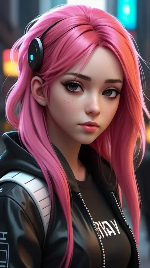 Prompt: Cyber punk style Cityscape,Street road,3d realistic,anime, a beautiful girl,half body, long dark pink hairs, dark tight shirt,cute round face,wearing dark jacket ,musical ,stray ,hd, robotic head 