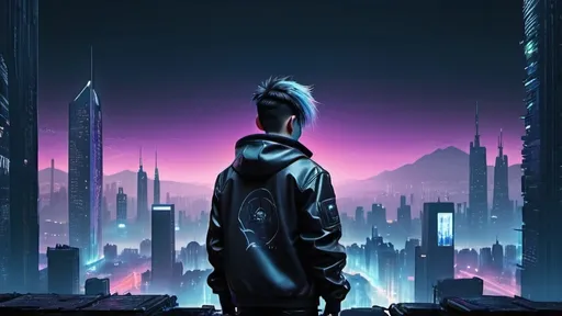 Prompt: Cyber punk style Cityscape,3d, amazing view, night,a boy far away, wearing dark jacket,view from back 