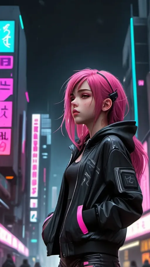 Prompt: Cyber punk style Cityscape, Street road,3d realistic,anime, a beautiful girl full body, long dark pink hairs,wearing dark jacket , up  hands, looking up, musical ,stray,free hair ,hd