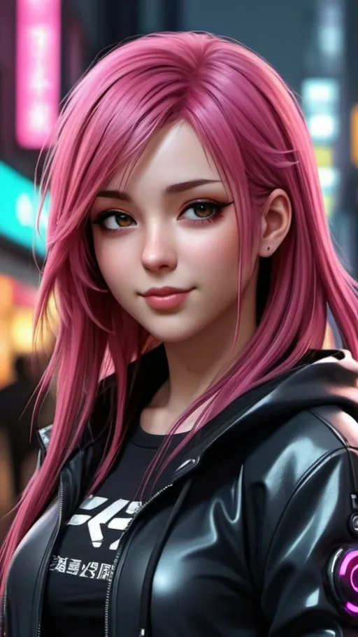 Prompt: Cyber punk style Cityscape,Street road,3d realistic,anime, a beautiful girl,half body, long dark pink hairs, dark tight shirt,cute round face,wearing dark jacket ,musical ,stray ,hd, robotic head , small smile ,wet face 