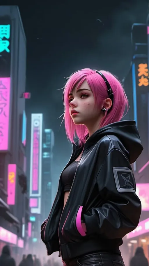 Prompt: Cyber punk style Cityscape, Street road,3d realistic,anime, a beautiful girl full body, half dark pink hairs,wearing dark jacket , up  hands, looking up, musical ,stray,free hair ,hd