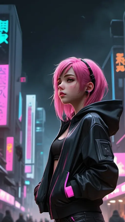 Prompt: Cyber punk style Cityscape, Street road,3d realistic,anime, a beautiful girl full body, half dark pink hairs,wearing dark jacket , up  hands, looking up, musical ,stray,free hair ,hd
