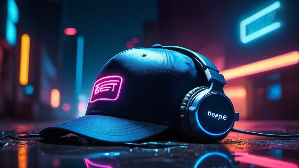 Prompt: a hat sitting on the ground wearing a big dark blue gaming headphone with a neon light behind it and a neon light behind it that is reflecting off of the ground, Beeple, aestheticism, neon lighting, a stock photo, cityscape, cyberpunk realistic ,wet