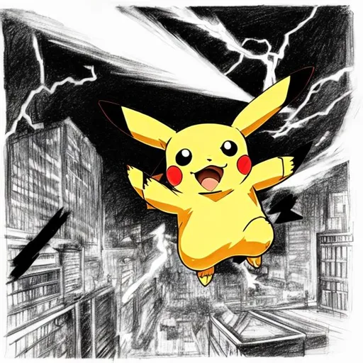 Prompt: A drawing of pikachu jumping off of a building while being struck by lighting. 