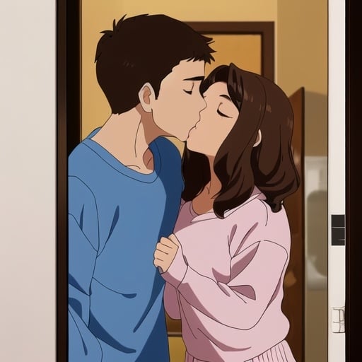 Prompt: A fourteen year old Hispanic girl with brown hair at a sleep over kissing her boyfriend at the front door 