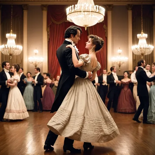 Prompt: A Regency era ballroom scene with chandeliers illuminating the room. A man with his back to the camera, dressed in a tailcoat, high-waisted trousers, a waistcoat, and a cravat, is dancing with a woman. The woman's face is visible, and she wears a flowing empire waist dress with puffed sleeves and intricate embroidery. Her hair is styled in an elegant updo. The background is lively, with other couples dancing and musicians playing classical instruments