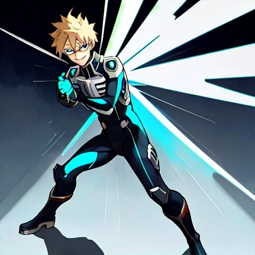 Prompt: full body my hero academia screencap of a teen male with blonde hair and dyed light blue tips on the right, sharp confident blue eyes smirking subtly, wearing a black and white hero suit with black lens goggles and gray boots,