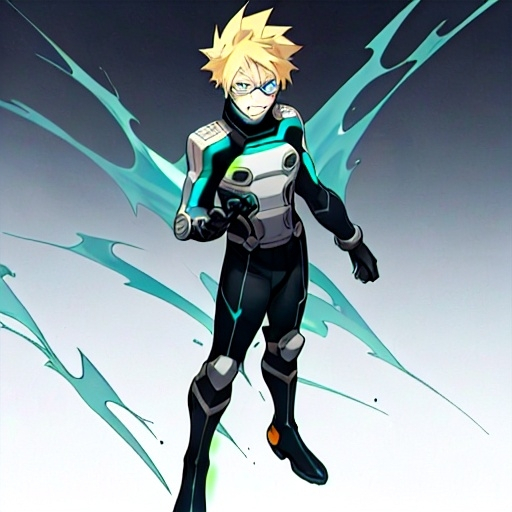 Prompt: full body my hero academia screencap of a teen male with blonde hair and dyed light blue tips on the right, sharp confident blue eyes smirking subtly, wearing a black and white hero suit with black lens goggles and gray boots,