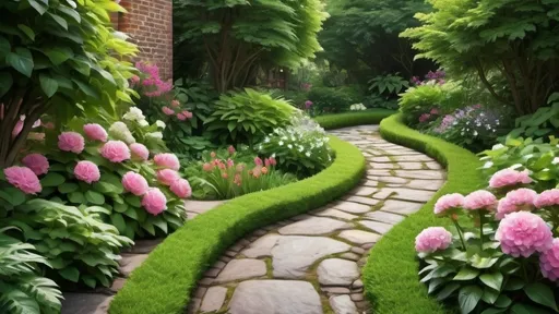 Prompt: Stone or brick pathways winding through lush gardens, lined with blooming flowers and greenery. realistic
