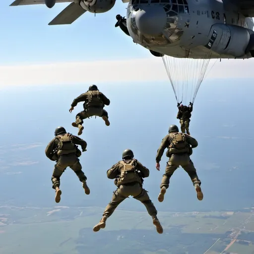 Prompt: paratroopers jumping from a c-130 plane