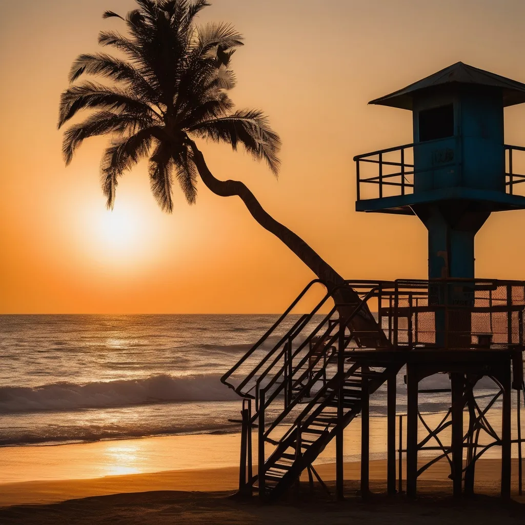 Prompt: the sun is setting over a beach with palm trees and a life guard tower in the distance, with a palm tree in the foreground, Chinwe Chukwuogo-Roy, dau-al-set, sunrise, a picture